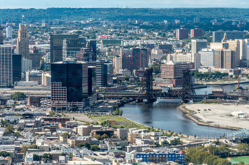 Aerial view of the skyline of Newark, New Jersey, The Passaic River and surrounding areas of Essex County.