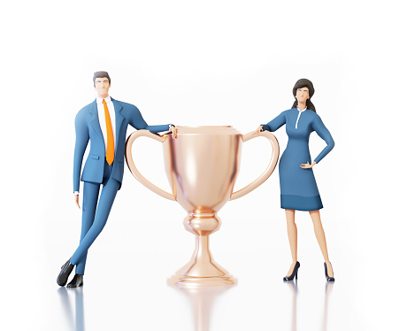 Successful business people stay next to golden trophy. Achievement, growth, professional success concept 3D rendering illustration