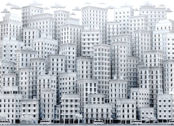 istock Beautiful cityscape with periodic buildings. 3D rendering illustration 1505889478