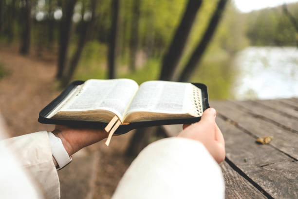 istock Open Bible in hands, morning reading in nature 1505899468