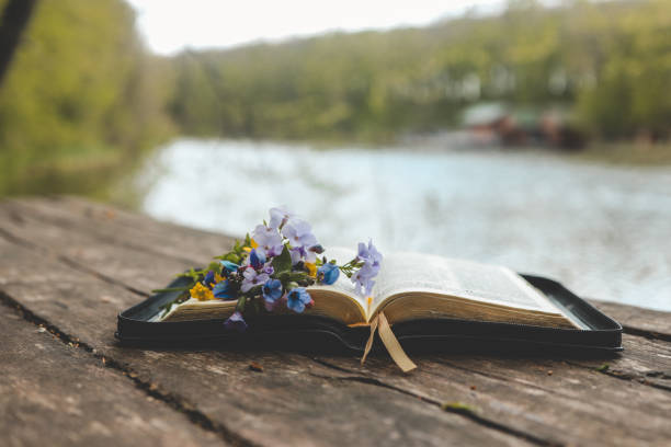 istock Open Bible on a wooden board near the river 1505899470