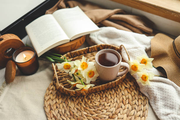 istock Cup of hot tea and spring home interior. good morning concept 1505908905