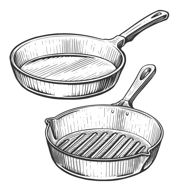 Vector illustration of Frying Pan with handle. Hand drawn sketch vector illustration in vintage engraving style