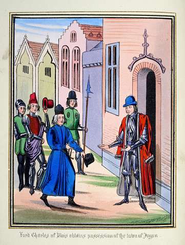 Vintage illustration of Lord Charles of Blois, Duke of Brittany, takes possession of the town and castle of Jugon-les-Lacs, 1342. Handcoloured lithograph after an illuminated manuscript from Sir John Froissart's Chronicles