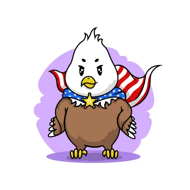Vector illustration of Cute eagle character with USA flag. Patriotic mascot cartoon. Vector illustration.