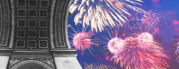 Celebratory colorful fireworks over the Arc de Triomphe, Paris, France. The walls of the arch are engraved with the names of 128 battles and names of 660 French military leaders (in French) Celebratory colorful fireworks over the Arc de Triomphe, Paris, France. The walls of the arch are engraved with the names of 128 battles and names of 660 French military leaders (in French) names of marbles stock pictures, royalty-free photos & images