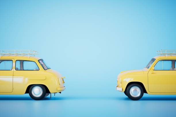 istock Yellow cars on a blue background. 3D render 1505940434