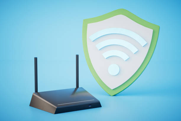 istock Wi-Fi password protection. router and security icon on a blue background. 3D render 1505940444