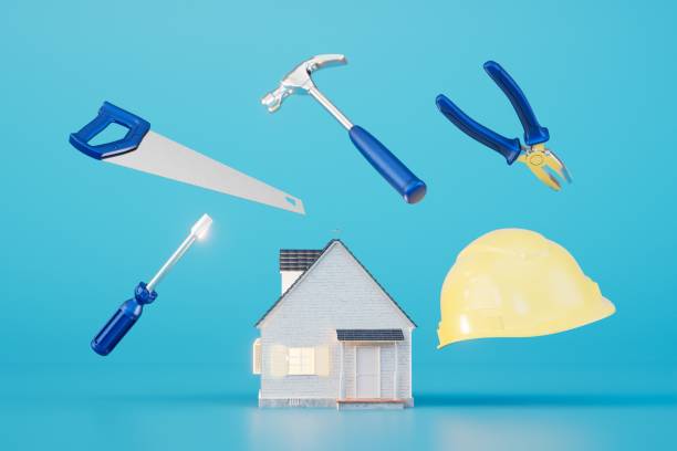 istock carrying out repairs in the house. house and construction tools on a blue background. 3D render 1505943678