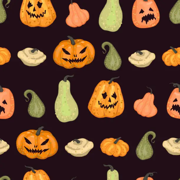 Vector illustration of Pumpkins seamless pattern. Ornament of halloween theme, lantern Jack. Vector illustration in cartoon style. Abstract design for spooky decor, wallpaper, background.