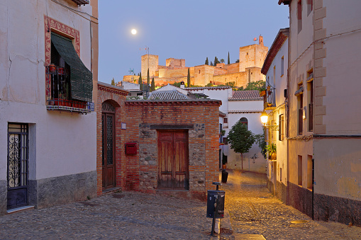 typical nighttime cityscape in the Albaicin district (Granada, Spain).