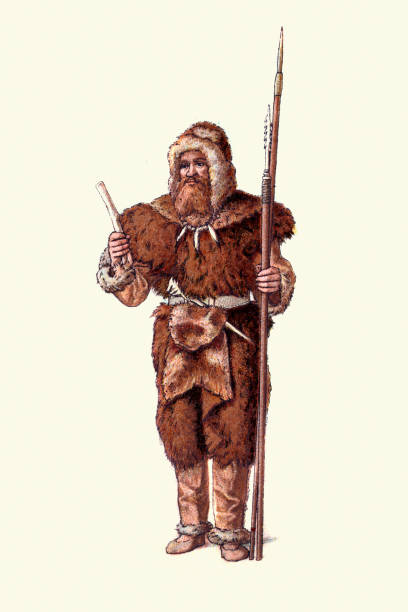 illustrazioni stock, clip art, cartoni animati e icone di tendenza di costume di un antico uomo magdaleniano dell'età della pietra vestito di pellicce, armato di lance, europa barbarica, paleolitico superiore, mesolitico - prehistoric antiquity illustrations