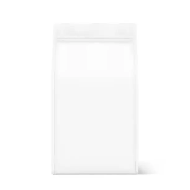 Vector illustration of Quad sealed bag mockup. Front view. Vector illustration isolated on white background. High realistic detail. Ready for your design.