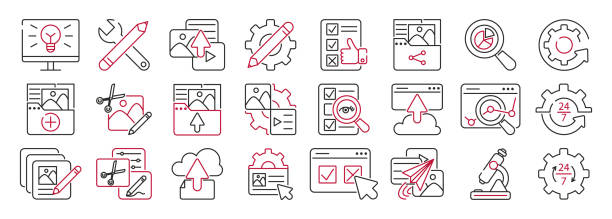 Content Management System set icons. Stages of publishing content using CMS Content Management System set icons. Stages of publishing content using CMS. Creation, publishing content, blog promotion, database administration, seo optimization, analysis, setting, support flowchart symbols programming stock illustrations