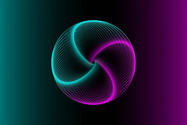 Vector illustration of 3D sphere design, elegant logo glowing circle. Abstract neon tunnel. Twisted lines. Spectrum Space tunnel in blue and pink vivid color. Vector illustration isolated on purple gradient background
