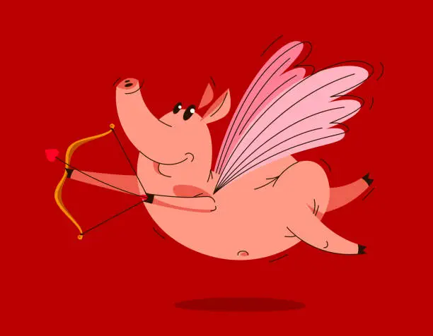 Vector illustration of Funny cartoon pig with wings bow and arrow flying and shooting like a Cupid vector illustration, valentine love animal character swine drawing.