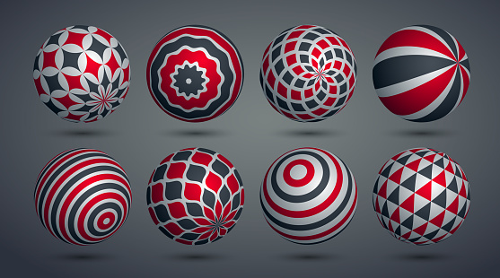 istock Realistic decorated spheres vector illustrations set, abstract beautiful balls with patterns, 3D globes design concept collection. 1506019878