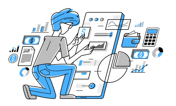 istock Financier working with finances online vector outline illustration, investment and tax and budget managing online on a web or mobile, funds administration. 1506026203