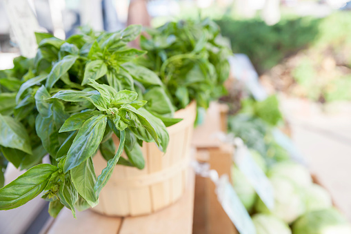 Fresh basil in a wooden bucket on display at a farmer's market.