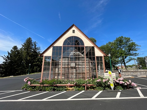 Hershey, PA, USA, 5.29.23 - The historical Derry Presbyterian Church that is enclosed in a protective glass building.