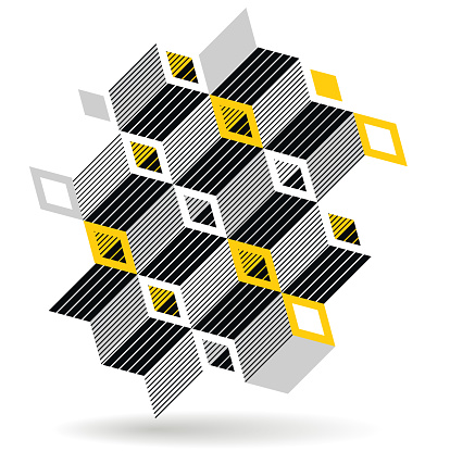 Black and yellow geometric vector abstract background with cubes and shapes, isometric 3D abstraction art displaying city buildings forms look like, op art optical illusion.