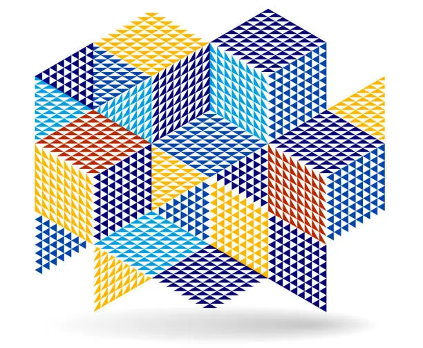 Vector illustration of Abstract vector wallpaper with 3D isometric cubes blocks, geometric construction with blocks shapes and forms, cubic polygonal low poly theme.