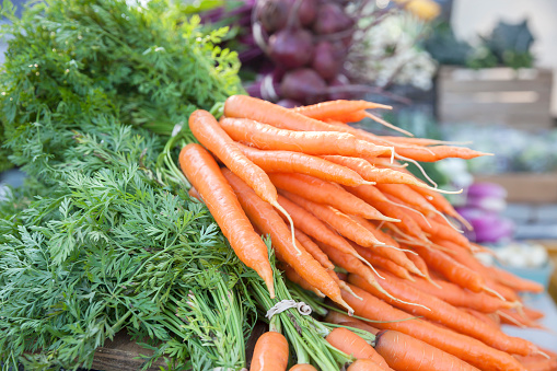 A beautiful display of fresh orange carrots, with beets and other vegetables in the background, at a farmer's market.