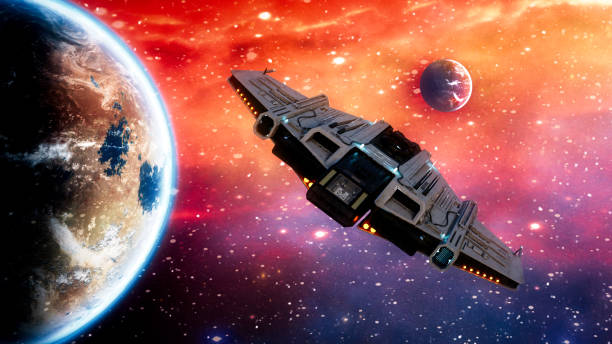 istock Fantasy future sci-fi space ship flying past a planet with orange nebula and stars in the background. 3D rendering. 1506051151
