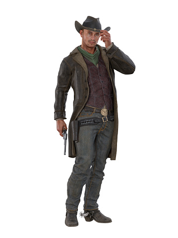 Wild west gun fighter standing in old western outfit holding a revolver. Isolated 3D rendering.