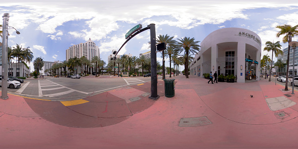 Miami Beach, FL, USA - June 29, 2023: 360 equirectangular spherical photo 16th Street and Collins Avenue