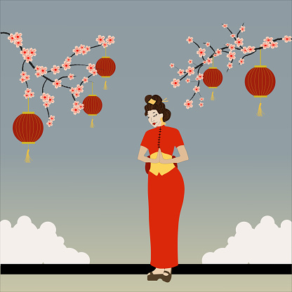 Japanese girl wearing kimono and paper lanterns hanging from cherry blossom trees