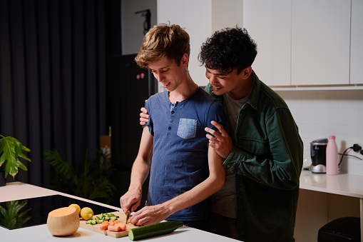 Young gay couple in casual clothing smiling and embracing while preparing dinner in kitchen at home