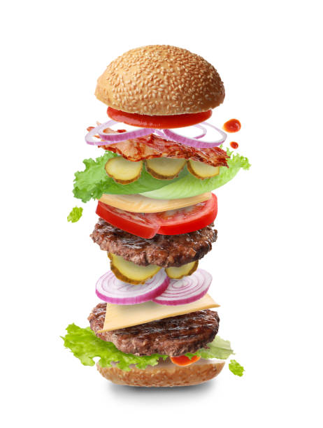 istock Delicious burger with different flying ingredients on white background 1506160441