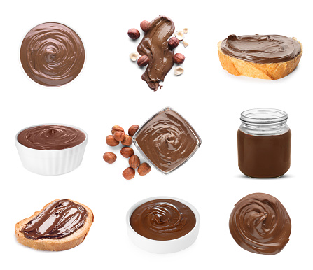 Yummy chocolate paste and hazelnuts on white background, collage design