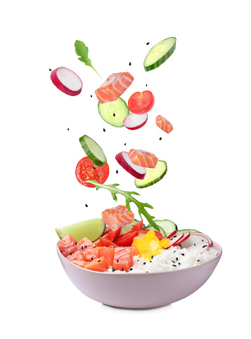 Poke recipe. Different ingredients falling into bowl on white background