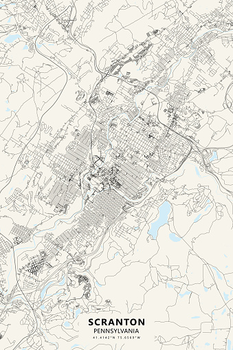 Topographic / Road map of Scranton, PA. Map data is public domain via census.gov. All maps are layered and easy to edit. Roads are editable stroke.