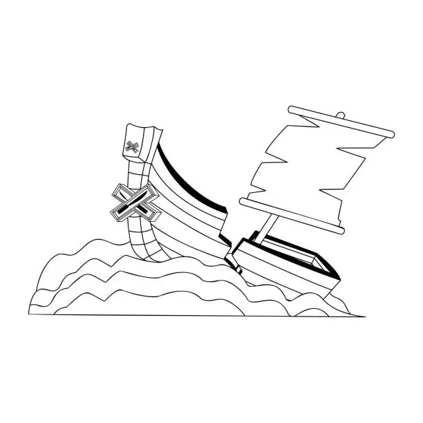 Vector illustration of Vector Cartoon sunken boat bottom of the sea Character isolated illustration