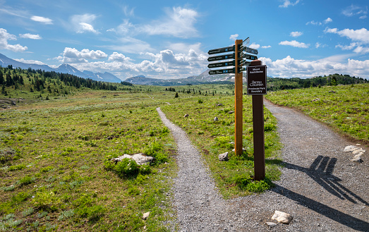 Trail post on the boundary of Mount Assiniboine Provincial Park, British Columbia, Canada