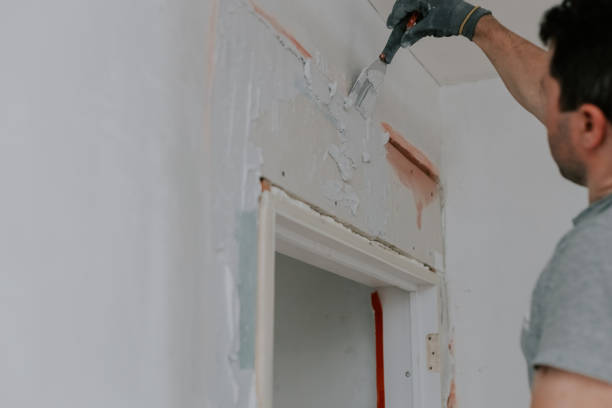istock One young man covers up the mesh in the doorway with putty. 1506255393