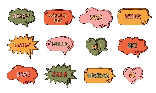 Trendy speech bubbles set with hand drawn talk phrases in the different shapes. Online chat clouds with Ok, Yes, Yep, Hello, What s up, Sale, Wow, OMG, Bye and other dialog words. Colorful doodles.