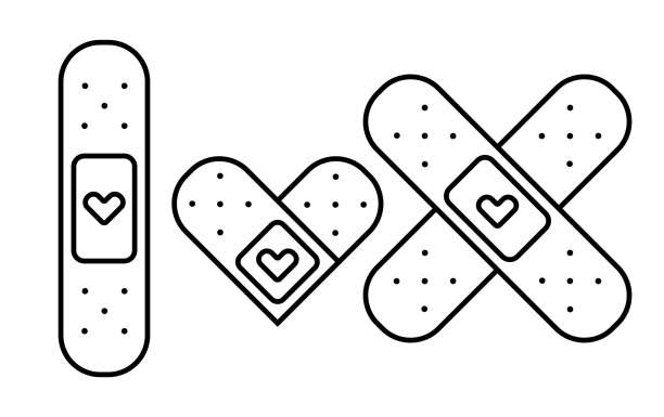 Medical cute illustration of band aid with a heart in outline style. Medical cute illustration of band aid with a heart in outline style. Medical bandage plaster line icon. adhesive bandage stock illustrations