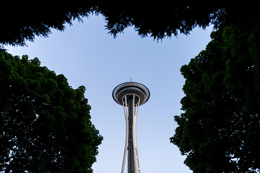 Seattle, USA - Sep 1, 2022: The Space Needle from the Seattle Center in the Queen Anne neighborhood late in the day.