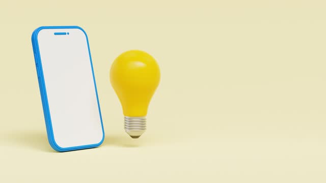 Online Business creativity and inspiration concepts with lightbulb and smartphone on yellow background. motivation for success. Think big ideas. 4K 3D loop animation