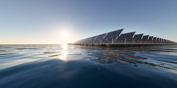 istock 3d rendering of floating solar, floatovoltaics or solar farm on water with sky background. 1506334332