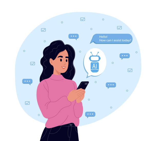 uses the technology of a smart ai robot. a.i. ai chat concept, artificial intelligence. dialogue between the ai assistant and the user in the messenger. - chat gpt stock illustrations
