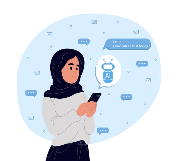 modern muslim woman uses the technology of a smart ai robot. a.i. ai chat concept, artificial intelligence. dialogue between the ai assistant and the user in the messenger. - chat gpt stock illustrations