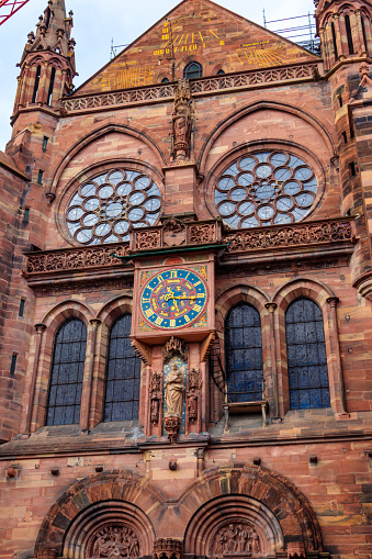 Astronomic clock on the outside of Strasbourg Cathedral or the Cathedral of Our Lady of Strasbourg in Strasbourg, France
