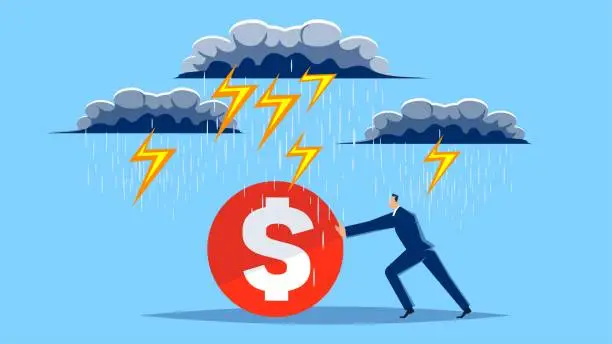 Vector illustration of Adventures to make money, risks and crises, overcoming business obstacles or problems, high-risk and high-reward financial or stock market investments, businessmen pushing gold coins through thunder, lightning and rainstorms