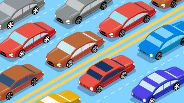 Vector illustration of Traffic congestion, congested traffic, traffic safety, excessive number of small cars in modern cities, congestion of small cars on equidistant motorways