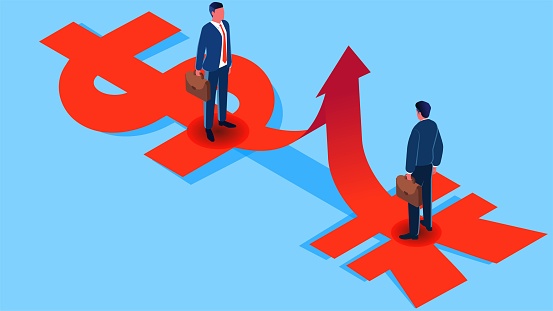 Global economic development and competition, business cooperation or business competition, co-development, business success, isometric businessmen standing on the arrow of the upward development of the dollar sign and the yen